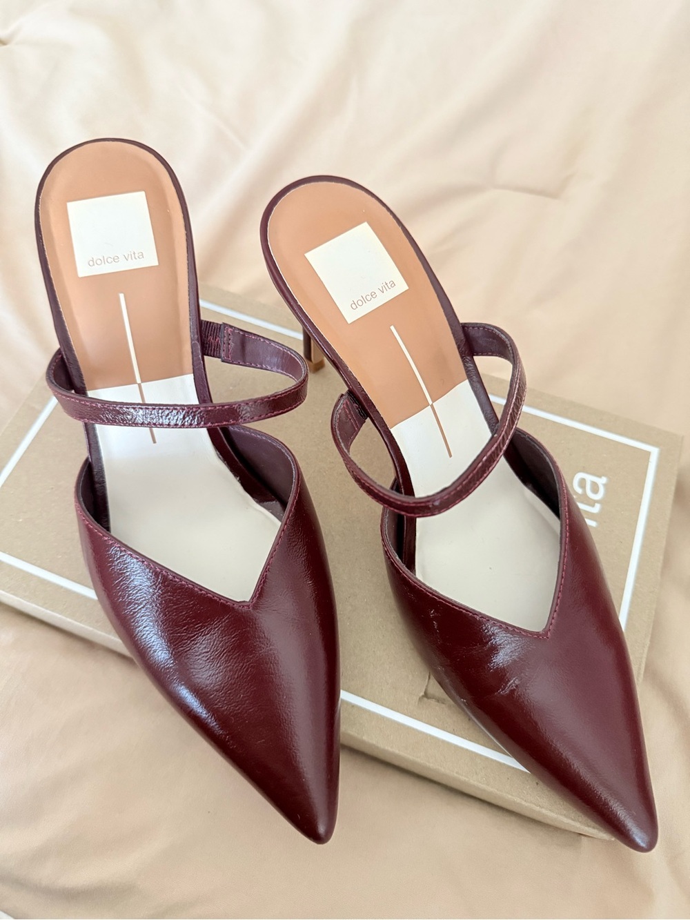 Dolce Vita Burgundy Pointed Kitten Heel Mules with Slim Strap